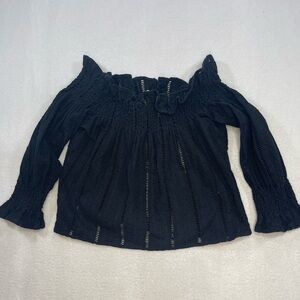 Ecru Black Eyelet Blouse Boho Peasant Top Long Sleeve Off-Shoulder Size S